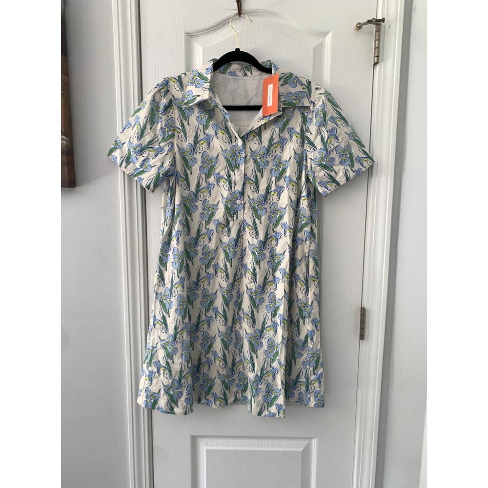 New Iris Floral Print Cotton Shirt Dress Blue White Short Sleeve Mini Pocket S
